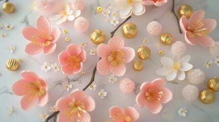 Fototapeta na wymiar Cherry blossoms with gold ingots around