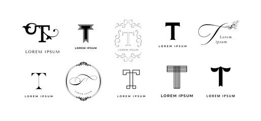 Creative T emblem. Letter t monogram for text writer, tea or tech branding. Typography tag template vector icon set
