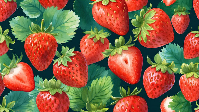 Watercolor painting of fresh strawberry with green leaves. Fruit and berry background