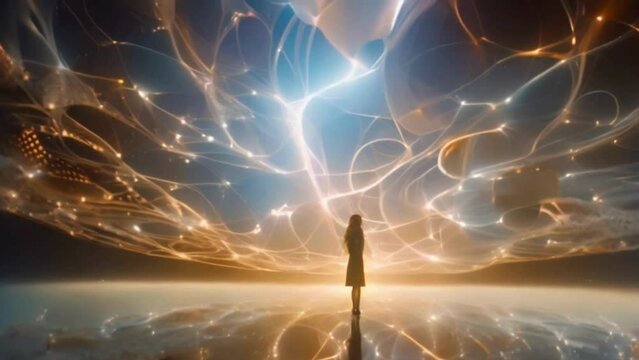 a surreal dreamscape inspired by quantum entanglement, with entwined patterns and shimmering particles symbolizing interconnectedness at a fundamental level.