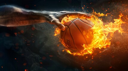 Hand throwing orange basketball ball burning on black background. Fast dribble motion, goal banner. Sun burst motion rays. March madness poster design. Red fire flames. Illustration
