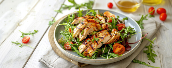 Healthy Salad with Grilled Chicken on a Wooden Table with Space for Copy