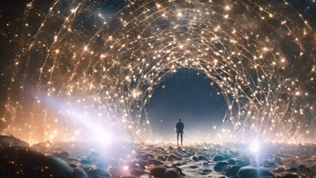 a surreal dreamscape inspired by quantum physics, with fragmented realities and swirling particles in a cosmic dance of uncertainty