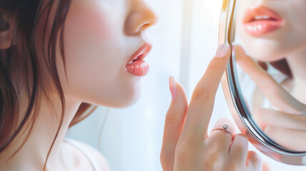 Lip care concept, worried asian young woman finger touching lips in front of mirror after applying lipstick balm on dry mouth from natural beauty product, skincare routine, makeup and cosmetics - obrazy, fototapety, plakaty