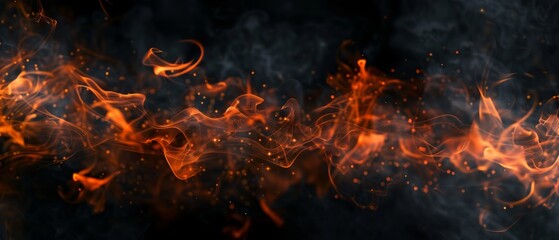 Texture of fire on black background, Flame, fire with smoke on dark background. black walls and smoke. Abstract dark glitter fire particles lights. fire in motion blur