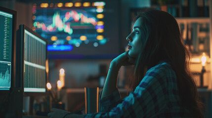 Young analyst woman working on computer.
