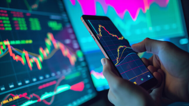 a person is holding a smartphone with stock market data on the screen, with a blurred background showing a computer monitor with financial graphs