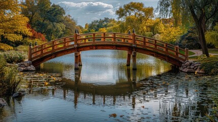 Empty bridge spans across a tranquil lake, a picturesque scene of stillness and solitude. 