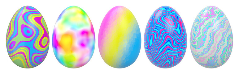 Isolated colorful Easter eggs. A set of fairy eggs. 3D rendering.