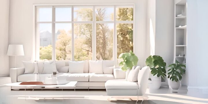 White living room. White clean organized living room with full wall windows on one side. 4K Video