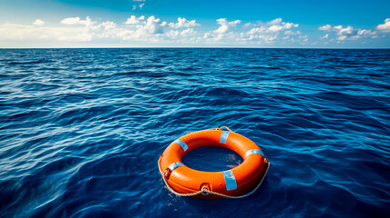 blue lifebuoy floating on the sea surface