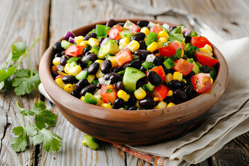 Black Bean and Corn Salad with Tomatoes on a Wooden Table 