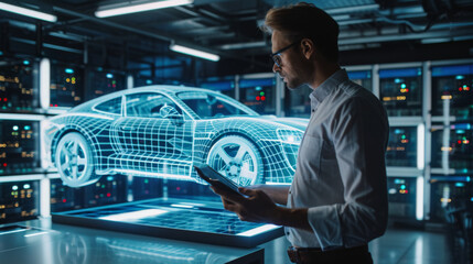 man standing in a server room looking at a tablet, with a holographic projection of a car in front of him