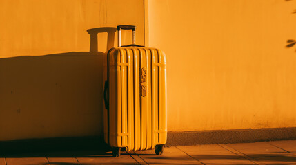 yellow suitcase against a yellow wall at sunset сreated with Generative Ai
