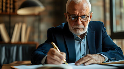 Old businessman writing a letter in library. Experienced businessman working with focus.
