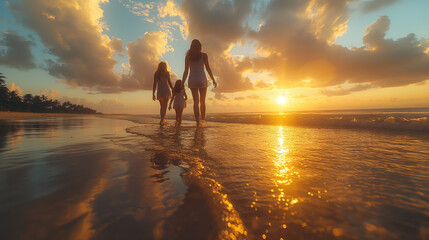 A woman with her daughters walks along the seashore at sunset. - obrazy, fototapety, plakaty