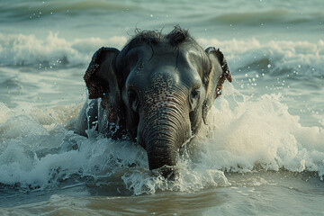 Baby elephant bathing in the river or ocean. Wildlife nature. Young elephant having fun in water. Exotic travel, tourism, summer vacation concept. World elephant day, save animals - obrazy, fototapety, plakaty