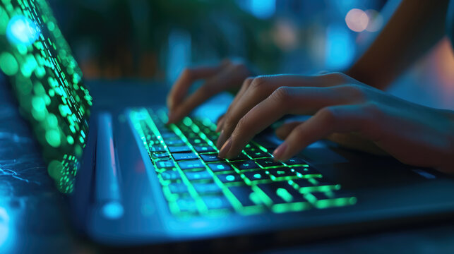 Close-up of a person's hands typing on a laptop keyboard
