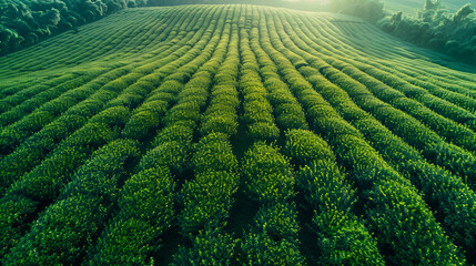 Tea field green plantation agriculture background top leaf farm landscape pattern drone. generative ai  - obrazy, fototapety, plakaty