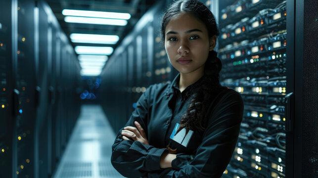 Confident young woman standing in a data center with racks of network servers and glowing lights in the background