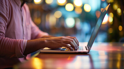 Close-up of a person's hands typing on a laptop keyboard