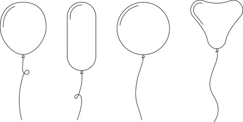 Hand drawn Balloon outline icons. Balloon with string in line Doodle, sketch style. Different shapes of ballons for birthday, party and wedding. Black contour of baloon silhouettes © Volodymyr