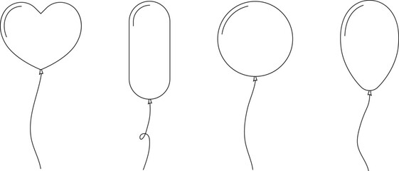Balloon outline icons. Balloon with string in line cartoon style. Different shapes of ballons for birthday, party and wedding. Black contour of baloon silhouettes. © Volodymyr