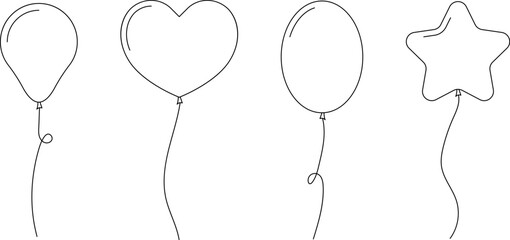 Hand drawn Balloon outline icons. Balloon with string in line Doodle, sketch style. Different shapes of ballons for birthday, party and wedding. Black contour of baloon silhouettes © Volodymyr