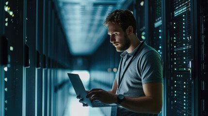 Focused IT professional using a laptop while standing in a server room with racks of network equipment illuminated by blue lights