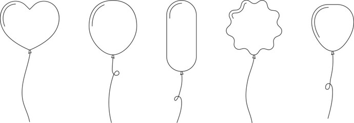 Hand drawn Balloon outline icons. Balloon with string in line Doodle, sketch style. Different shapes of ballons for birthday, party and wedding. Black contour of baloon silhouettes