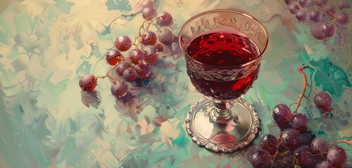 A deep, burgundy fruit mead in a silver chalice, glistening,