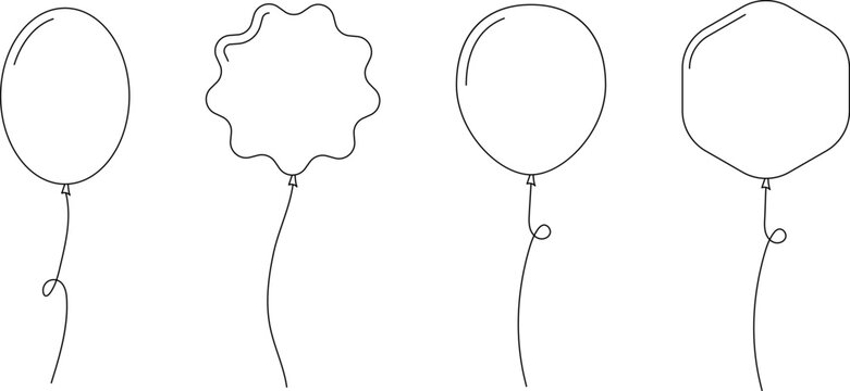 Balloon outline icons. Balloon with string in line cartoon style. Different shapes of ballons for birthday, party and wedding. Black contour of baloon silhouettes.
