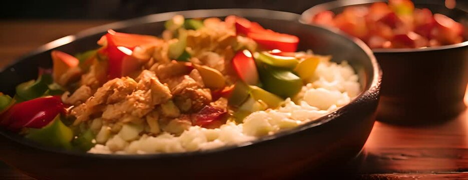 Close-up of delicious pulled chicken with colorful vegetables on rice in a black bowl. 4K Video