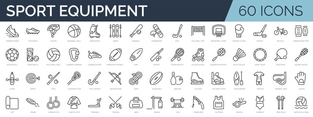 Set of 60 outline icons related to sport equipment. Linear icon collection. Editable stroke. Vector illustration - obrazy, fototapety, plakaty