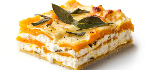 A delectable slice of butternut squash lasagna, with creamy layers of sage-infused ricotta, presenting a soothing palette of orange and white, isolated on a white background