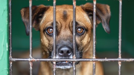 Unwanted and homeless cute sad dog in the cage, specialized pet shelter
