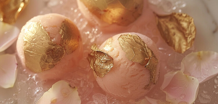 A delicate, peach-pink apricot and rose petal sorbet, with thin, gold leaf accents, evoking a sense of luxury and refinement