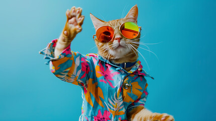 A cat wearing vibrant attire and sunglasses grooving on a blue backdrop. Cat wearing colorful clothes and sunglasses dancing.