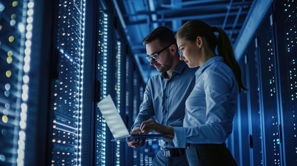 Male and a female IT professional in a data center, with the woman holding a tablet and the man observing, likely collaborating on a task.