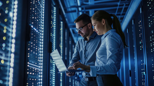 Male and a female IT professional in a data center, with the woman holding a tablet and the man observing, likely collaborating on a task.