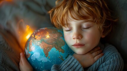 A young boy with closed eyes hugs a globe, dreaming of travel and adventure, surrounded by a cozy, vintage setting.