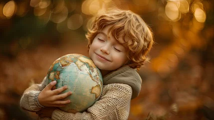 Fotobehang A young boy with closed eyes hugs a globe, dreaming of travel and adventure, surrounded by a cozy, vintage setting. © soysuwan123