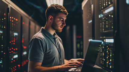 Focused IT professional using a laptop while standing in a server room with racks of network equipment illuminated by blue lights