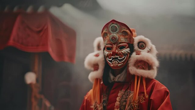 Asia man at festival wearing traditional Chinese masked costume, in Chinese new year festival