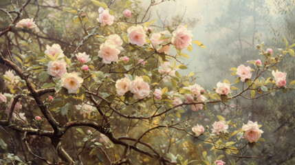 Display an enchanting bush adorned with tender light pink blossoms bathed in soft morning light.