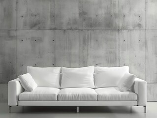 White sofa against concrete paneling wall.  Loft urban home interior design of modern living room. White and Grey  