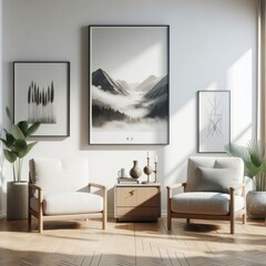 Scandinavian Serenity: Two Armchairs Grace a Modern Living Room, Against a White Wall Accentuated by a Large Framed Poster, Exemplifying Chic Interior Design