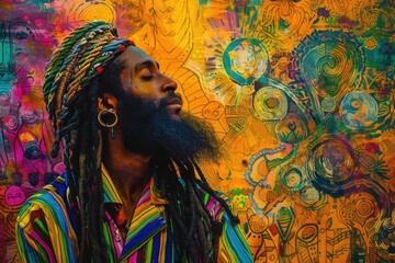 Eclectic Rastafarian lifestyle with vibrant colors, reggae music, and peaceful vibes