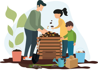 Family of father and sons composting.composter and around it the family and the necessary elements such as water, organic waste, cardboard, sand, leaves.