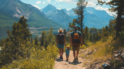 A family hikes on a trail in the mountains with lush greenery and towering peaks around them.
